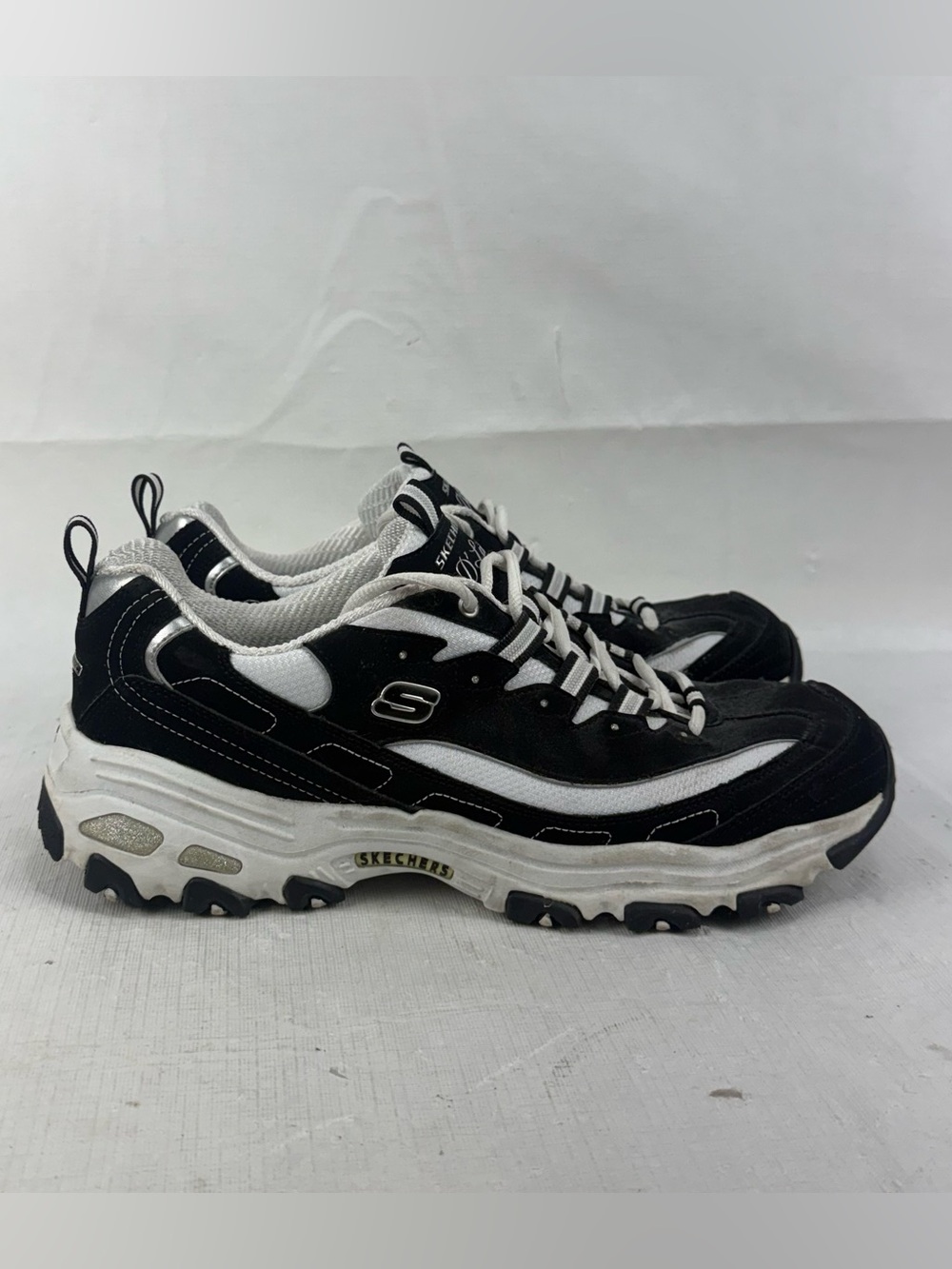 Skechers Womens D'Lites 11930EW Glitter Air cooled Sneakers Black White Size 11